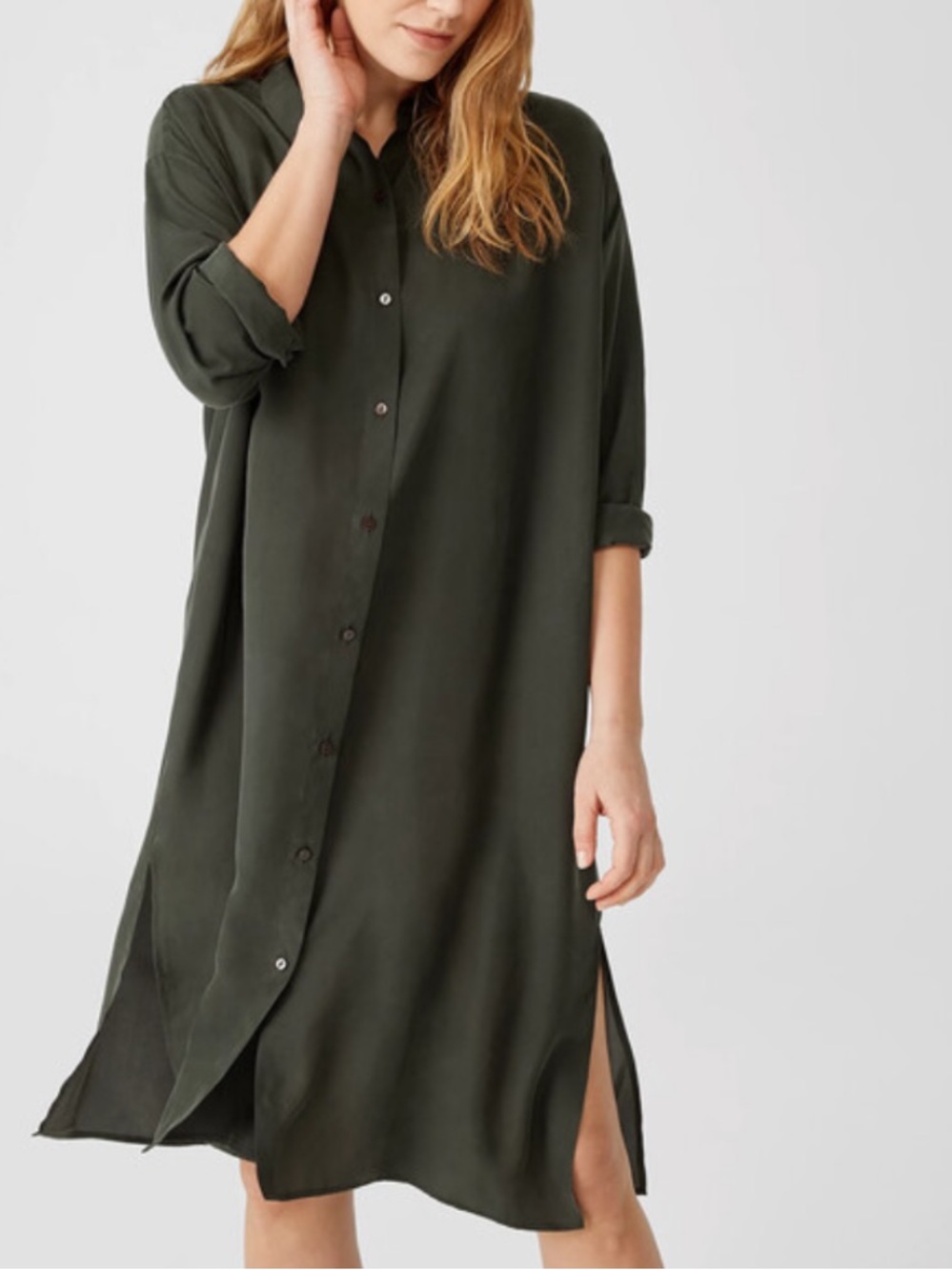 Eileen Fisher Olive Green Long-Sleeve Button Dress